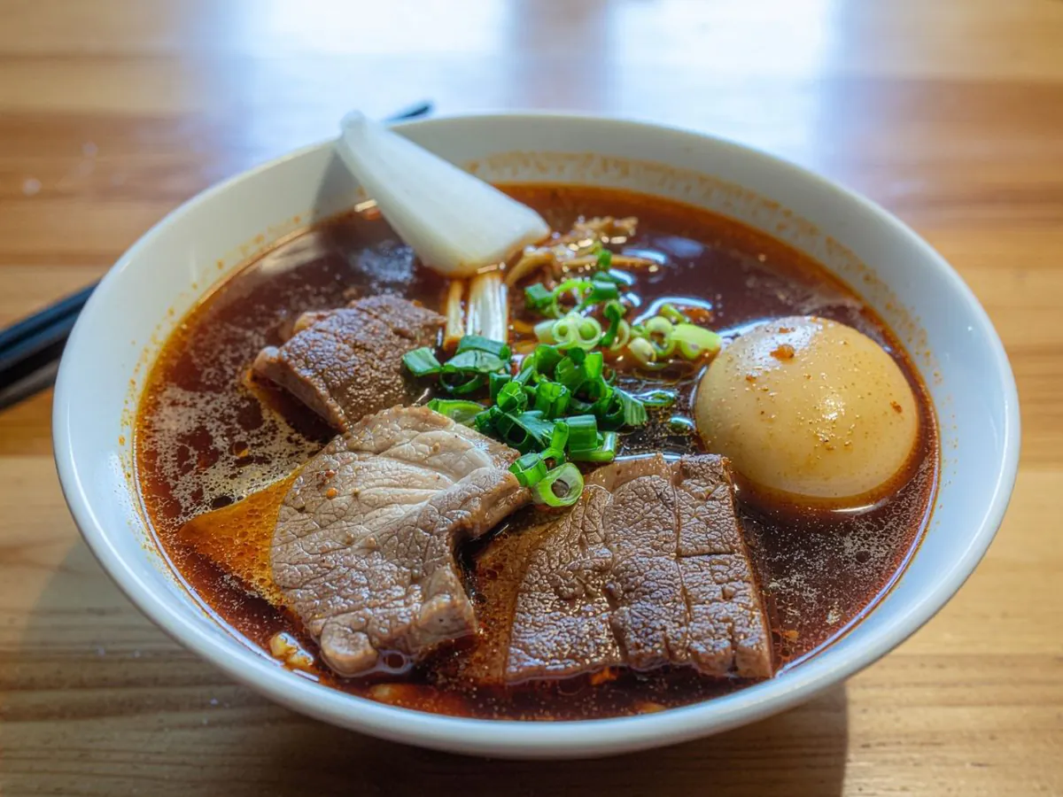 Spicy braised beef with noodles, egg & scallions at Dong bei Ren jia, a Asian Restaurant in Chicago